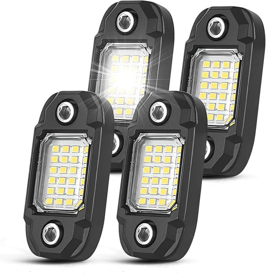 4 Pods White Rock Lights Underglow Light for Cars Trucks Trail Rig Lamp | 24 LED chips for each light, waterproof led bottom chassis lights