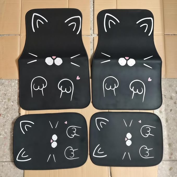 Universal Fit Car Floor Mats Set of 4Pcs, Cute Cartoon Cat All-Weather Front Rear Car Carpet Mats, Non-Slip Car Floor Mat Car Accessories for Automotive Trucks SUV Sedans Vans