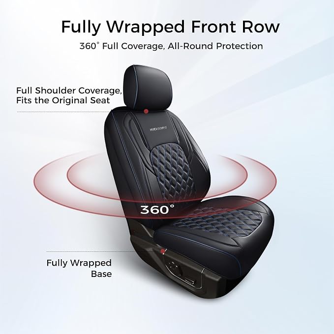 Huidasource Dodge Ram Seat Covers, Front&Rear Pickup Truck Leather Seat Cover Fit for 2009-2018 1500, 2010-2025 2500/3500 Crew Mega Cab, 2019-2025 ram 1500 Classic only(Full Set/Black&Blue)
