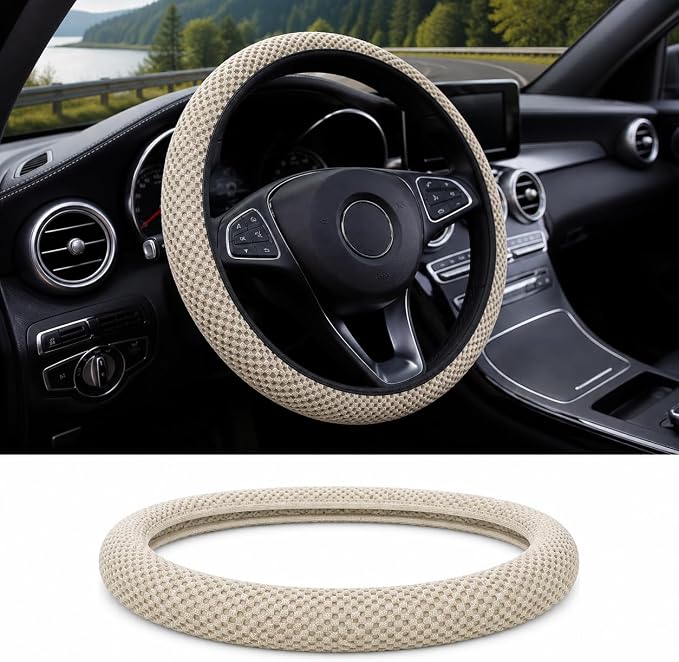 Breathable Elastic Steering Wheel Cover,15 Inch Stretch Steering Wheel Protector,Microfiber Ice Silk Anti-Slip Car Wheel Cover,Odorless Comfort Grip Interior Accessory for Cars SUV Truck（Beige）