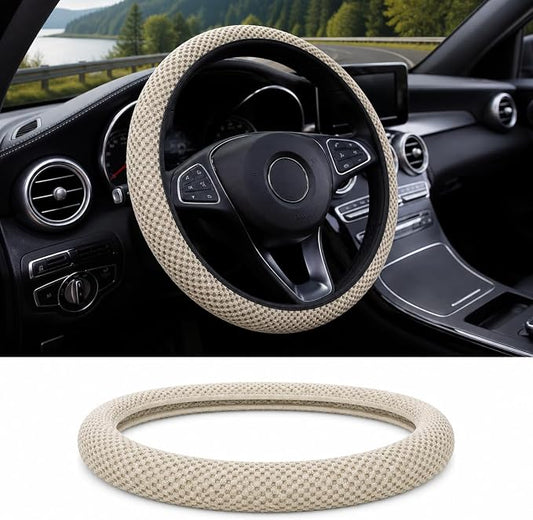 Breathable Elastic Steering Wheel Cover,15 Inch Stretch Steering Wheel Protector,Microfiber Ice Silk Anti-Slip Car Wheel Cover,Odorless Comfort Grip Interior Accessory for Cars SUV Truck（Beige）