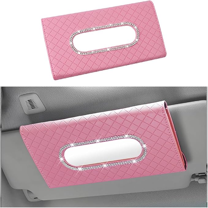 Bling Car Visor Tissue Holder, Crystal Rhinestones Vehicle Sun Visor Hanging Napkin Organizer Case with Ergonomic Take Out Port, Automotive Interior Tissue Dispenser, Universal Fit (Pink)