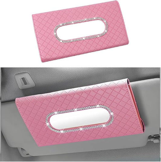 Bling Car Visor Tissue Holder, Crystal Rhinestones Vehicle Sun Visor Hanging Napkin Organizer Case with Ergonomic Take Out Port, Automotive Interior Tissue Dispenser, Universal Fit (Pink)