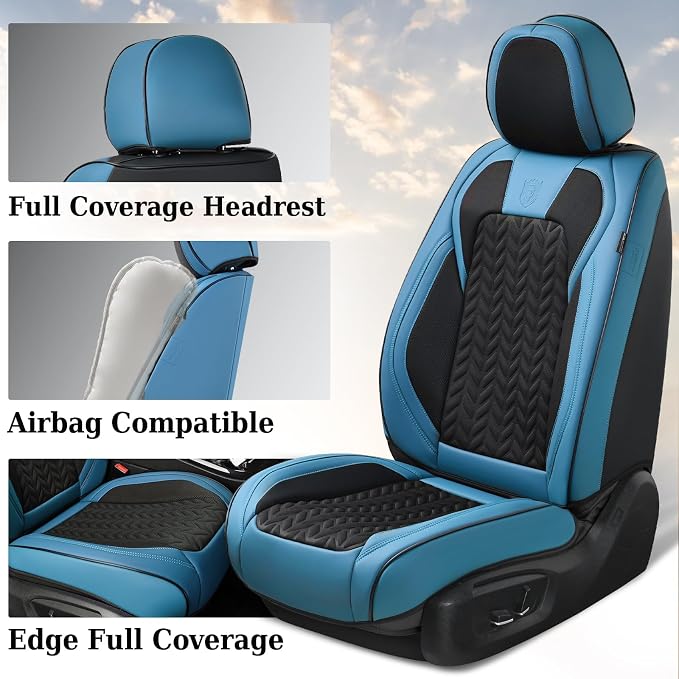 Coverado Car Seat Cover Winter, Front Seat Cover, Seat Covers for Cars, 2PCS Car Seat Protector, Breathable Faux Leather Car Seat Cushion, Car Seat Protector, Blue Car Seat Covers Fit Most Vehicles