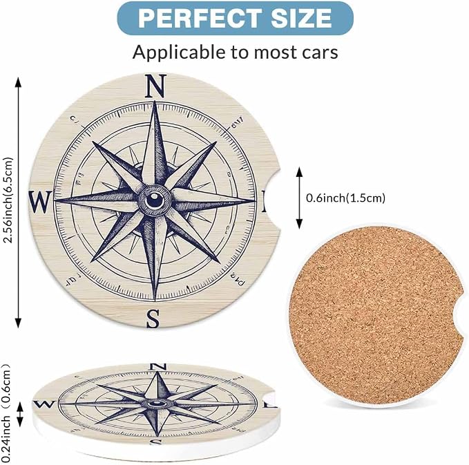 Compass Wind Rose 2 Pack Car Cup Holder Coaster Anti Slip Insert Absorbent Ceramic Car Coaster with Cork Base and Finger Notch Cute Car Accessories Interior for Women Men