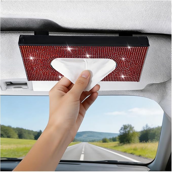 Bling Car Visor Tissue Holder, Shiny Rhinestone Leather Sun Visor Napkin Mask Case Holder Clip, Diamond AUT Paper Tissue Towel Box Dispenser, Universal Fit (Black/Red)