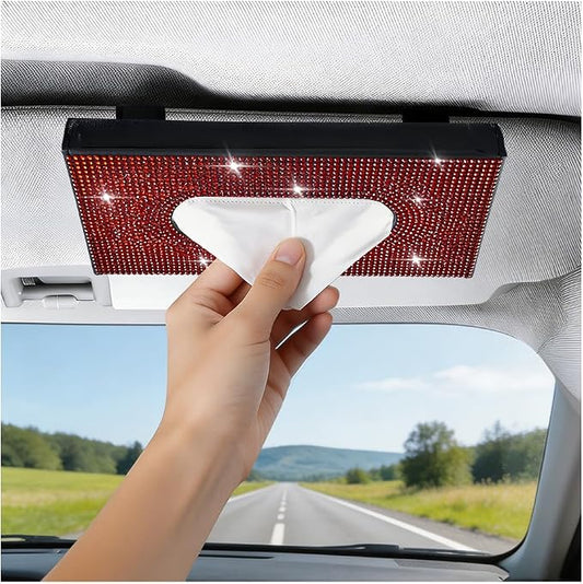 Bling Car Visor Tissue Holder, Shiny Rhinestone Leather Sun Visor Napkin Mask Case Holder Clip, Diamond AUT Paper Tissue Towel Box Dispenser, Universal Fit (Black/Red)