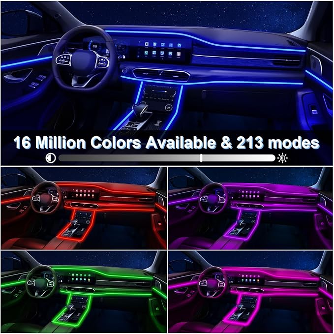 Interior Car Lights with APP/Remote Control RGB 6 in 1 Ambient Lighting Kit | 16 Million Color & 29 Preset Modes, USB Powered, With 315 Inches Fiber Optic, Music Mode Inside Car Lighting Accessories