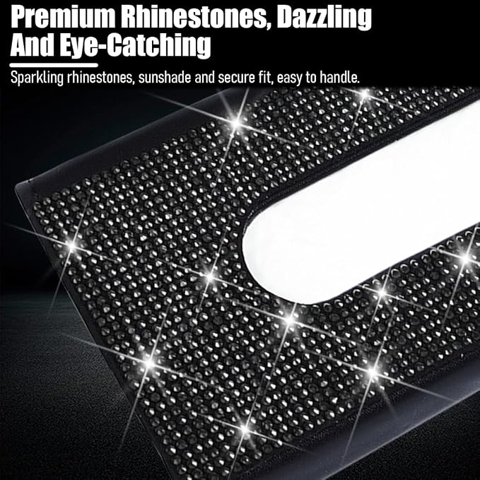Bling Car Sun Visor Tissue Box Holder, Leather Automotive Napkin Box Holder Organizer with Crystal Rhinestone, Sparkling Vehicles Sun Visor Paper Towel Cover Case, Universal Fit (Black)
