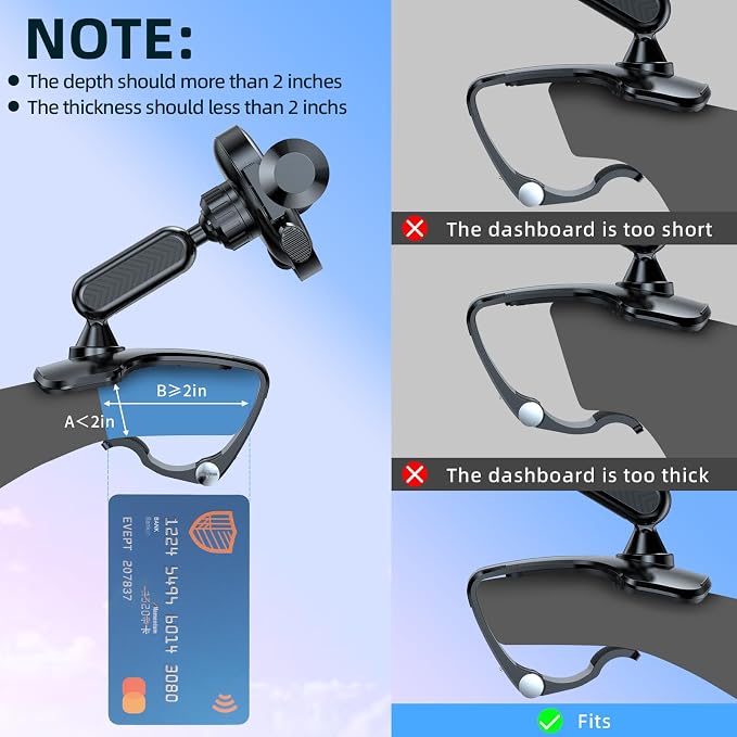 Upgraded Universal 360°Dashboard Phone Mount - Multi-Functional Visor/Rearview Rotating Car Holder for 4-7" Phones, One-Handed Operation Adjustable Clamp Holder (Black)