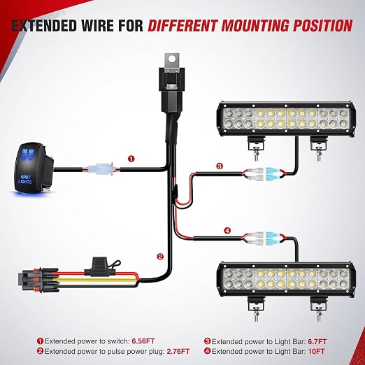 Nilight 16AWG Spot Lights Wiring Harness Kit with Pulse Power Plug | Connector 12V On Off 5Pin Rocker Switch Relay Fuse for Polaris RZR General Ranger Pulse Bus bar - 2 Leads Blue