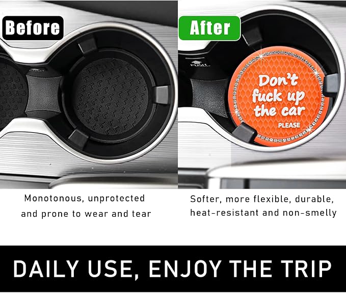 Ohleats Bling Car Cup Coaster, 2.75 Inch Non-Slip Don't Fuck Up My Car Please Cup Holder Insert Coaster, Crystal Rhinestone Auto Drink Cup Mat, Universal Car Accessories (Orange-4PCS)