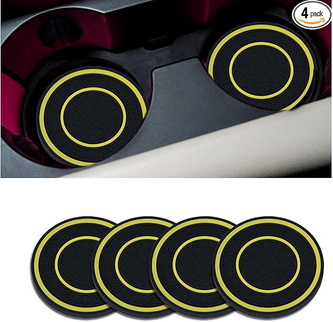 4 Pack Car Coasters for Cup Holder, 2.75 Inch Universal Auto Waterproof Coasters Silicon Insulation Cup Mats,No-Slip Anti Dust Insert Coaster for Woman Man, Suit for Vehicle Interior (Black/Yellow)