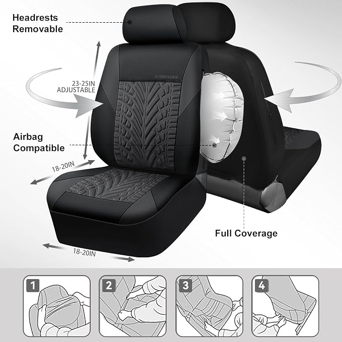 CAR PASS Neoprene Waterproof Seat Covers Two Front, Wetsuit Car Seat Covers 2pcs Universal Fit for Vans, Truck, SUV, 3D Tyre Embossed Seat Covers Anti Slip with Armrests, Aibag Compatible(Black Gray)