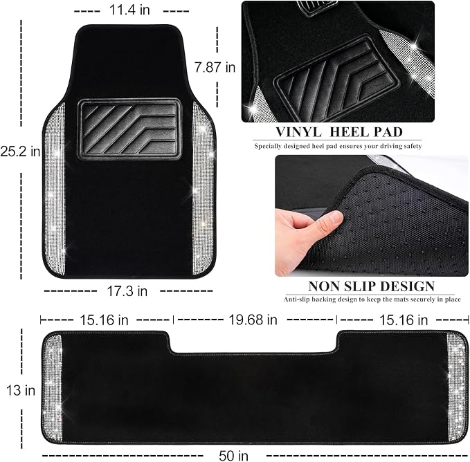 CAR PASS Bling Diamond Car Mats Shining Carpet Crystal Rhinestones Sparkly Glitter Floor Mats with Anti-Slip PVC Heel Pad Universal for Automotive SUV, Sedan, Van, 3pcs for Girl Women, Black Silver