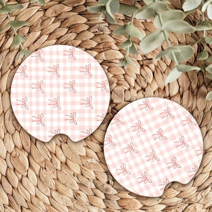 Ceramic Car Coasters – Absorbent Car Cup Holder Coaster Set for Women, Cute Aesthetic Car Accessories for Girls, 2 Pack (Salmon Pink)