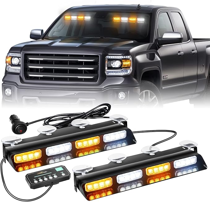 XRIDONSEN 2x 14 inch Dash Strobe Lights Amber White Emergency Lights | Interior Safety Warning Hazard Caution Lights Front/Rear Windshield Light Bar for Tow/Plow Trucks Construction Vehicles