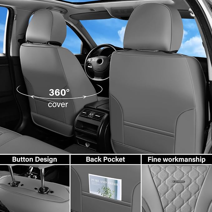 Coverado Car Seat Covers Front Seats, Gray Seat Covers, Breathable Perforated Design, Luxurious Diamond Leather Car Seat Cover, 2 Pack Car Seat Protector Front Seat Cover Universal Fit Most Cars