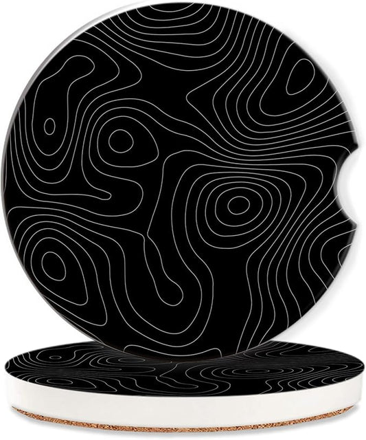 Car Coasters Topographic Cup Holder,Black Contour Map Cute Coasters,2 Pack Anti Slip Ceramic Car Cup Holder Accessories with Finger Notch for Women Men 2.56"