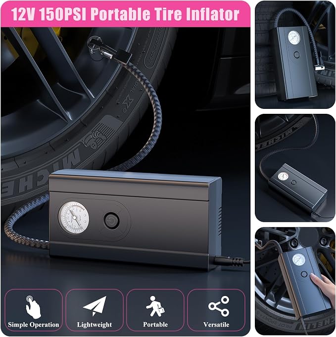 Car Roadside Emergency Kit, Vehicle Truck Safety Emergency Road Side Assistance Kits with Jumper Cables, Auto Air Compressor Tire Inflator, Pink