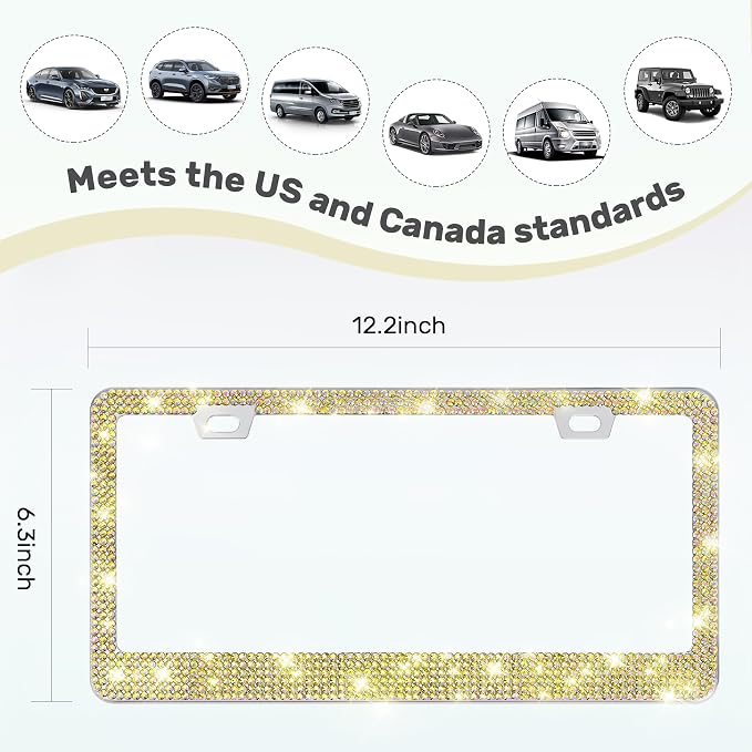 QUANQIUFEI 2 Pack Bling License Plate Frames, Sparkly Rhinestone Diamond Car License Plate Cover for Women, Stainless Steel Car Accessories with Glitter Crystal Caps (Golden)