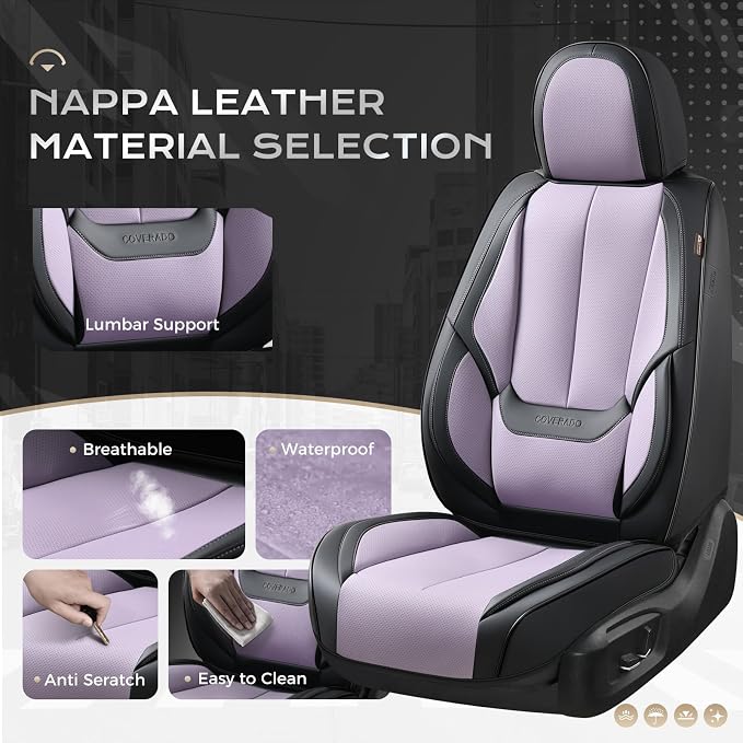 Coverado Seat Covers, Car Seat Covers Full Set, Leather Seat Covers for Cars, Car Seat Protector, Black Car Seat Covers Front Seats and Back Seats Universal Fit for Most Cars Purple