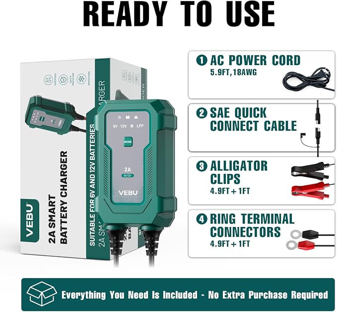 Smart 2A 6V/12V Battery Charger Maintainer - Auto Desulfator & Winter Mode for Deeply Discharged Lead-Acid & LiFePO4 Batteries - Perfect for Motorcycle, Car, Boat, RV, ATV