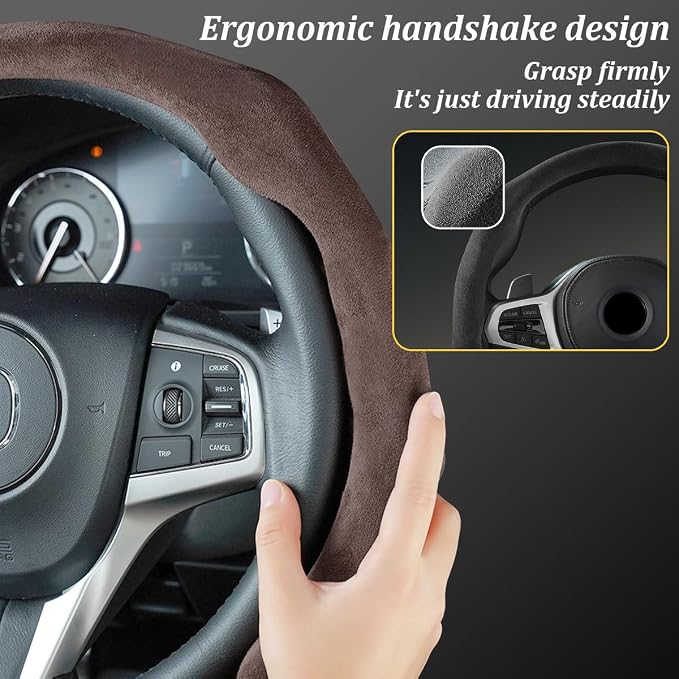 Car Steering Wheel Cover, Soft Brethable Suede Non-Slip Vehicle Steering Wheel Protector, Comfortable Sporty Auto Interior Protection Accessories, Universal for Truck SUV Van (Coffee)