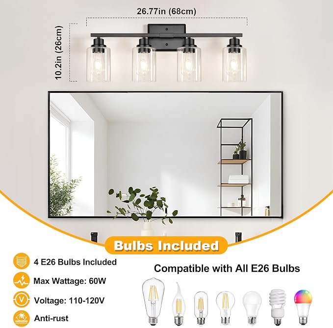 Unicozin Modern Black Bathroom Light Fixtures, 4-Light Vanity Lights Over Mirror with E26 LED Bulbs Included, Wall Sconce with Clear Glass Shades for Living Room Bedroom Hallway Kitchen
