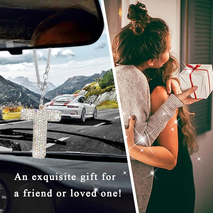 DXNQ Bling Initial Car Rear View Mirror Ornament, Crystal Sparkling Cute Letter Charm Pendant Auto Decor, Hanging Lucky Diamond Initial Charm Car Mirror Bag Ornament for Girl Women (Letter T)