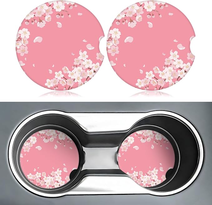Pink Cherry Blossom Car Coasters for Cup Holders,2 Pack Car Cup Holder Coasters for Car,Ceramic Absorbent Car Coaster with A Finger Notch and Cork Base,Car Interior Accessories for Women Men