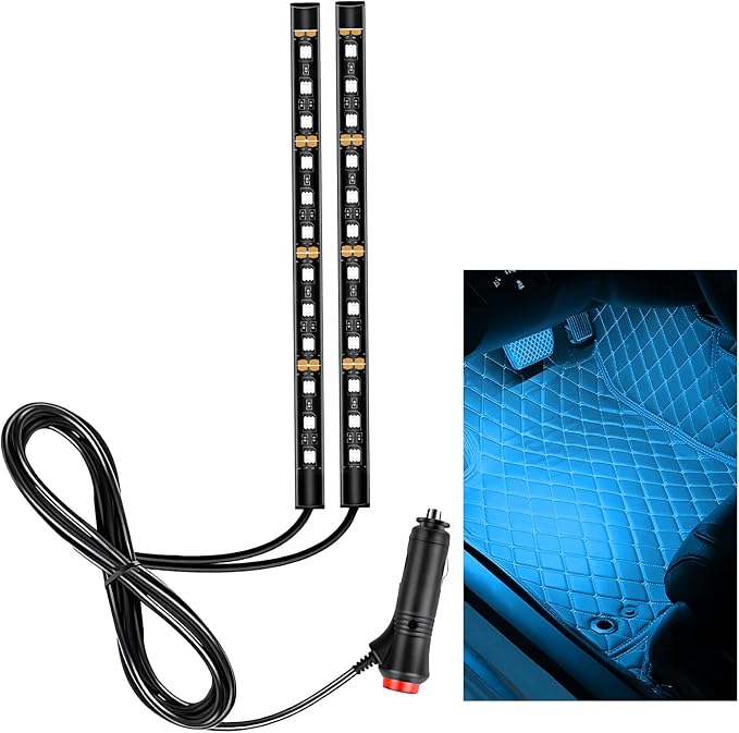 Car LED Strip Light, 12V 24 LEDs RGB Car Atmosphere Lamp with Cigarette Adapter Plug, Vehicle Under Dash Floor Ambient Night Decorative Lighting Kit (Ice Blue)