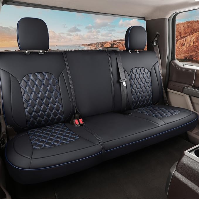 Huidasource Fit for Chevy Silverado/GMC Sierra Rear Seat Cover, Thickened Split Nappa Leather Truck Back Seat Covers 2007-2013&2019-2026 1500, 2020-2026 2500HD 3500HD Crew Cab WT LS LT, Black＆Blue