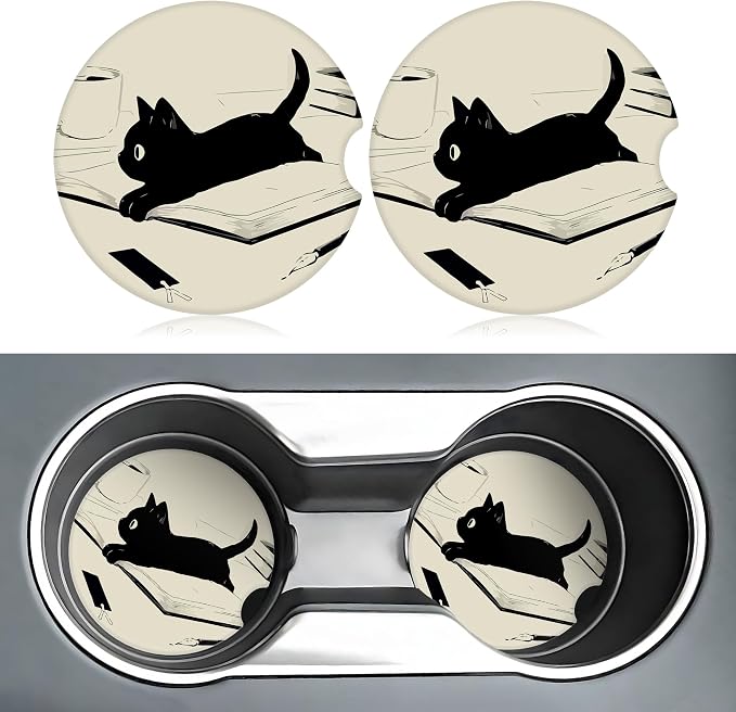 Kawaii Anime Black Cat Car Coasters for Cup Holders,2 Pack Car Cup Holder Coasters for Car,Ceramic Absorbent Car Coaster with A Finger Notch and Cork Base,Car Interior Accessories for Women Men