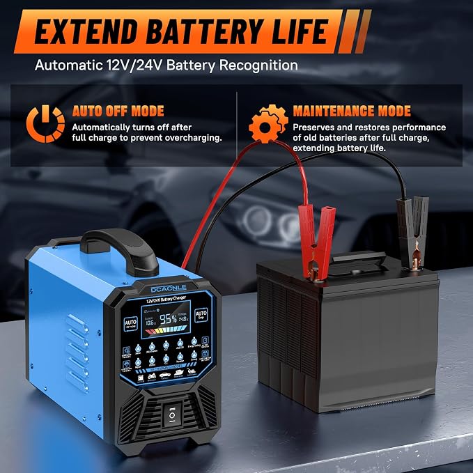 DCACNLE 12V/24V 0-15A Car Battery Charger Heavy Duty,Automatic Maintainer | Smart Trickle Charger,Desulfator with Overcharge Protection & Auto Shutoffs,Suitable for Various Vehicles&Lead Acid Batteries