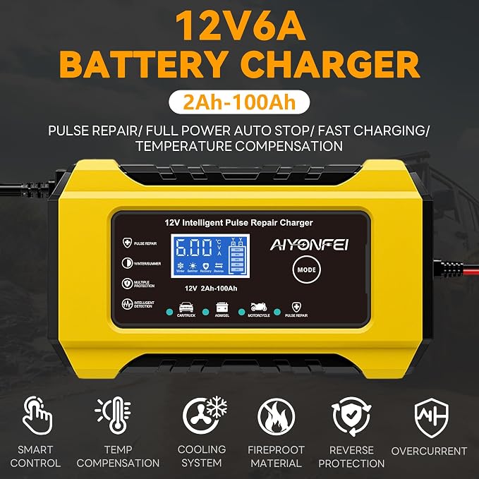 6A 12V Car Battery Charger Maintainer Trickle Charger, Yellow | Smart Battery Desulfator, Temperature Compensation, for Car Truck Motorcycle, Lawn Mower Marine