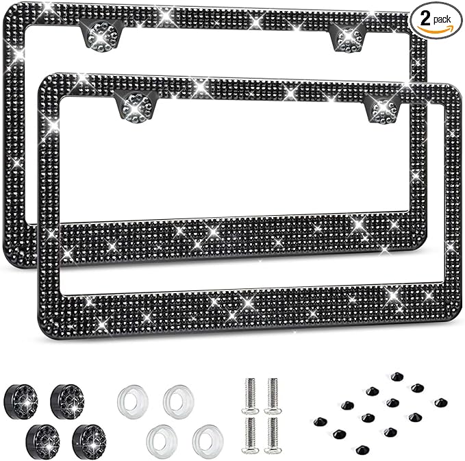 HOTOR License Plate Frame - Lastingly Bling and Sparkly License Plate Frame for Women, Stainless Steel & Obstruction-Free Frame with Multifaceted Rhinestones,Black, 2 Pack