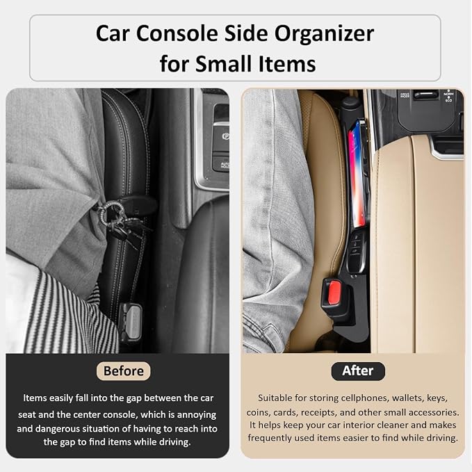 Car Seat Gap Filler Set of 2, Soft Multifunctional Seat Side Gap Filler Plug Strip with Organizer & Hook Function, 3in1 Gap Stopper Universal Fit Car SUV Truck Fill The Gap Between Seat & Console