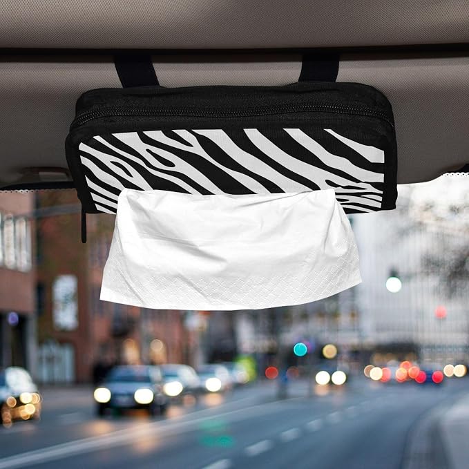 Car Tissue Holder Car Napkin Holder Car Tissue Box Dispenser Storage Case Sun Visor Mask Holder with Adjustable Straps Reusable Refillable Zebra Print