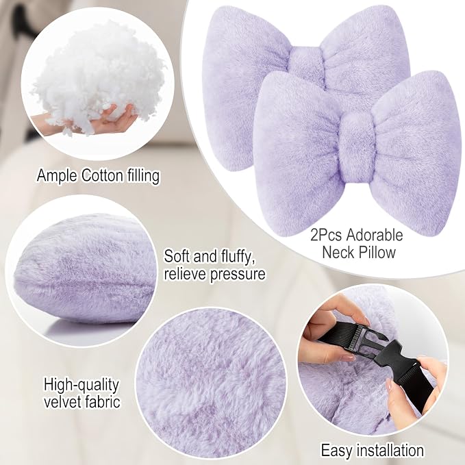 Macarrie 2 Pcs Purple Car Neck Pillow Imitation Rabbit Fur Bow Pillow | Soft Comfortable Seat Headrest Support, Cute Bow Car Accessories, Driving Travel Driver Chair Girl Interior Decor, Solid