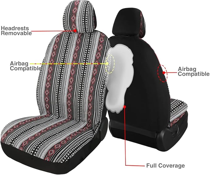 Baja Saddle Blanket Car Seat Covers 9PCS Full Set, Breathable and Washable Striped Woven Automotive Vehicle Seat Cover, Universal Boho Seat Cover for Sedan, SUV, Truck, Airbag Compatible