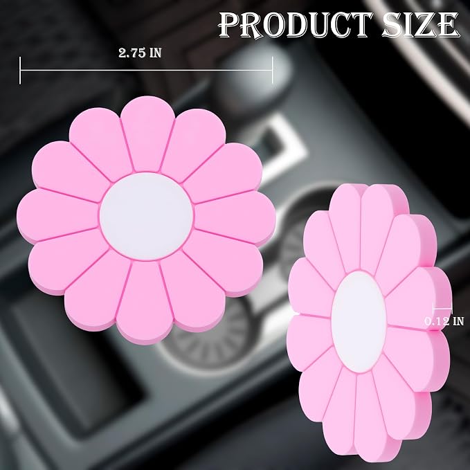 2-Pack Car Cup Holder Coaster Inserts, Daisy Shape, 2.75 Inch Non-Slip Silicone Cup Holder Insert, Universal Non-Slip Cup Holders, Car Accessories Interior for Women and Man (Pink)