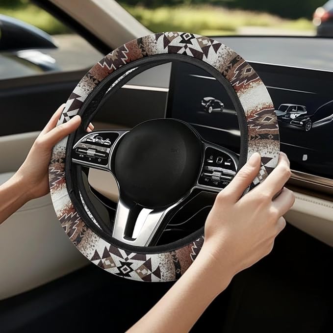 Wanyint Southwest Aztec Navajo Brown Auto Steering Wheel Cover Universal 15 Inch Anti-Slip Neoprene Southwest Tribal Car Steering Wheel Protector for Women Men
