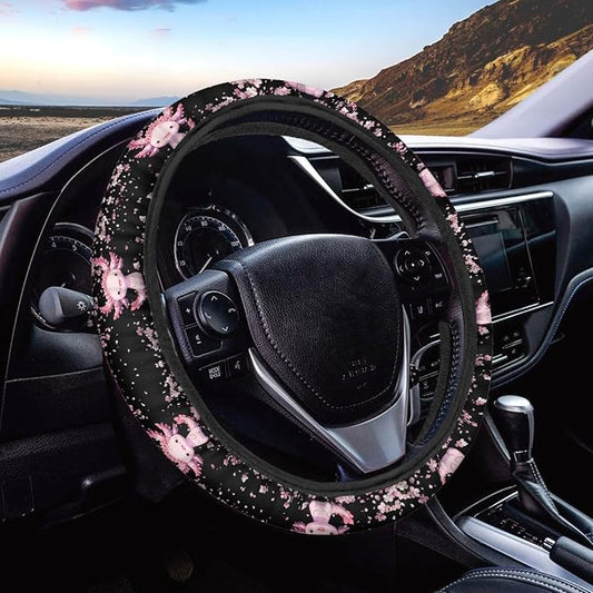 AFPANQZ Cartoon Axolotl Cherry Blossom Car Steering Wheel Cover Non-Slip Rubber Steering Wheel Covers Warm Breathable Sweat Absorption 15 Inches Pink