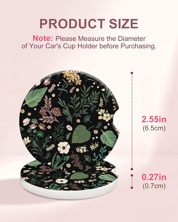 Swooflia Floral Absorbent Ceramic Car Coasters Set of 2, Cute Botanical Wildflower Cup Holder Coasters for Car, Black Green Flower Car Accessories for Women, Unique Gifts for Mom, Friends, Teachers