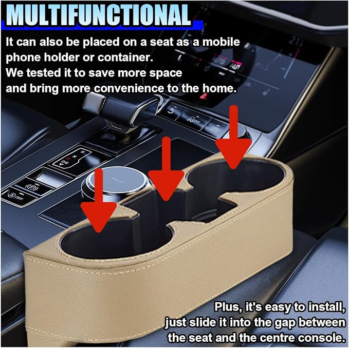 ZIMISI Car Cup Holder, Leather Front Console Gap Filler Organizer (Beige) | Car Seat Gap Filler Storage Box, Multifunctional Car Cup Drink Holder, Coin Bucket, Cell Mobile Phone Holder
