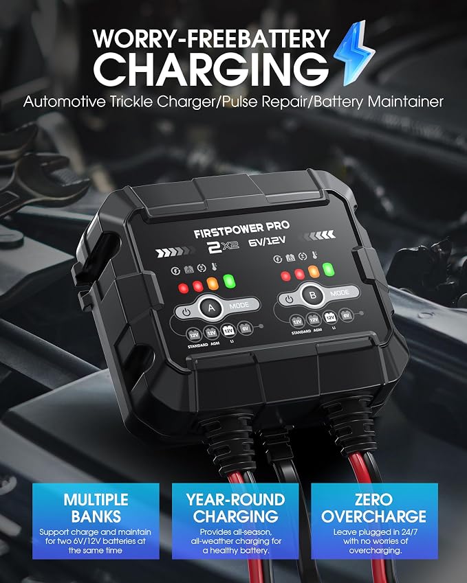2-Bank, 4A (2A/Bank) Trickle Charger for Car Battery, 12V 6V Car Battery Charger, Automotive Battery Trickle Charger, Maintainer, for Motorcycle Lawn Mower AGM, Lithium Batteries