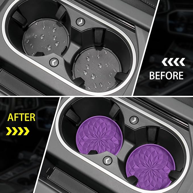 ME.FAN Car Coasters for Cup Holders [4 Pack] - 2.75In Silicone Auto Mug Mats - Universal Non-Slip Recessed Car Interior AccessoriesDeep Purple