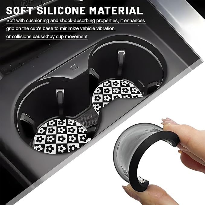 4 PCS Car Cup Coasters, 2.76 Inch Shockproof Auto Cup Holder Insert Coaster Checkered Drink Mat, Anti-Slip Waterproof Water Bottle Pad Stylish Grid Decoration for Most Vehicles (Flower)