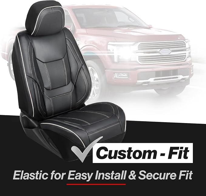 Coverland Custom Truck Car Seat Covers Front Seats for [2010-2014 F150 SVT Raptor SuperCrew Cab] - Protector Water Resistant Leather Memory Form Seat Cushion [Front - Black with White Stitching]